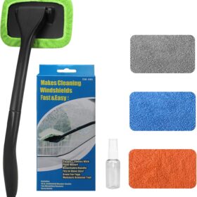 Car Windshield Cleaning Tool with Extendable Handle & 180° Pivot Head – Multi-Surface Glass & Window Cleaner with 4 Washable Microfiber Pads for Auto, Home & Kitchen