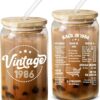 NewEleven 16oz Vintage 1986 Glass Coffee Cup with Bamboo Lid & Straw - Unique 40th Birthday Gifts for Women, Mom, Wife, Sister - Funny 1986 Novelty Drinkware Tumbler