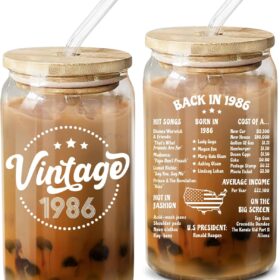 NewEleven 16oz Vintage 1986 Glass Coffee Cup with Bamboo Lid & Straw - Unique 40th Birthday Gifts for Women, Mom, Wife, Sister - Funny 1986 Novelty Drinkware Tumbler