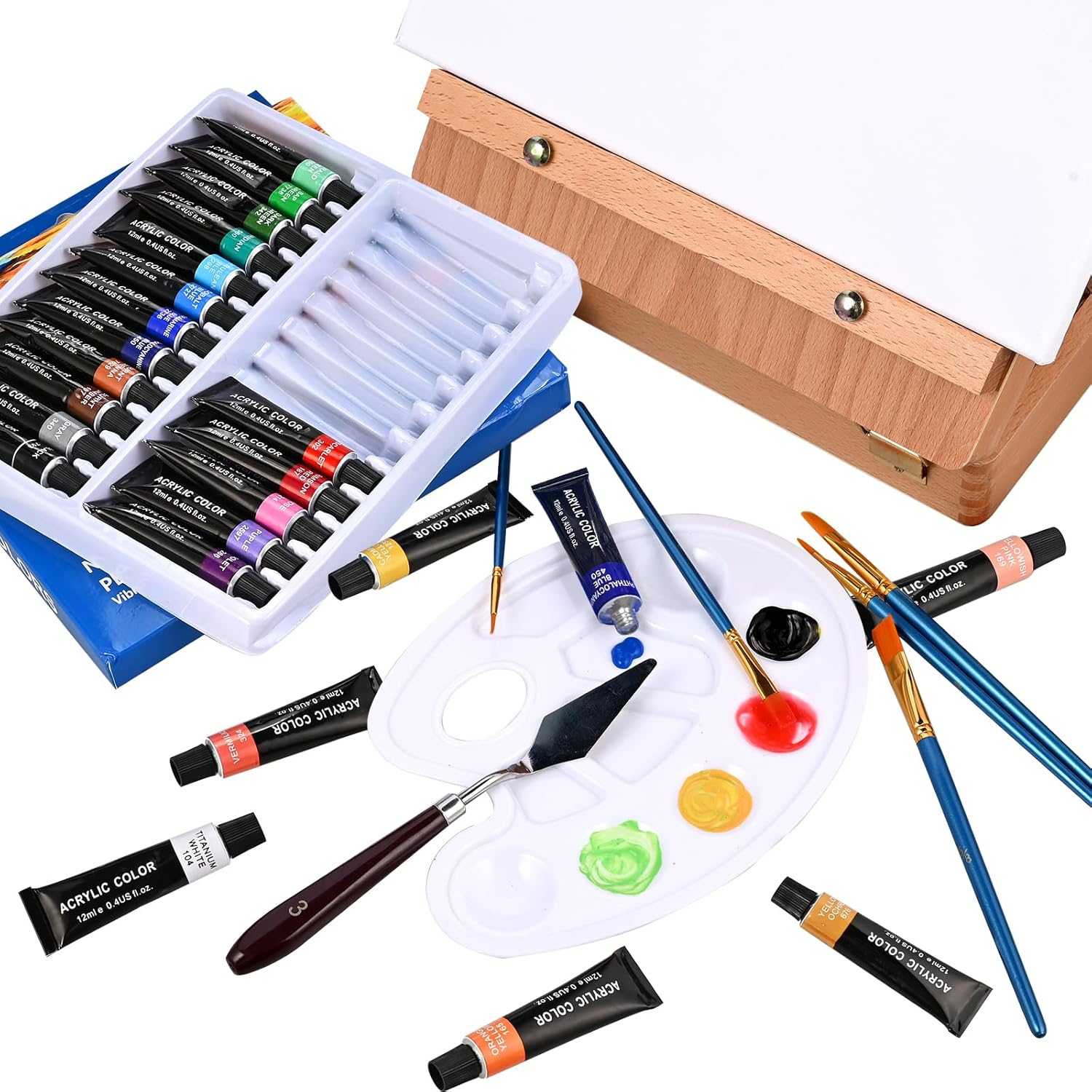 All-in-One Tabletop Easel Acrylic Paint Set – 40-Piece Portable Art Kit with Wooden Easel Box, 24 Colors, Brushes, Canvases & Accessories – Ultimate Beginner & Artist Gift