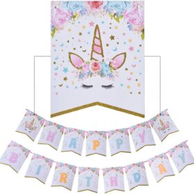 Rainbow Unicorn Party Decorations Set – Magical Birthday Banner & Hanging Swirls for Girls