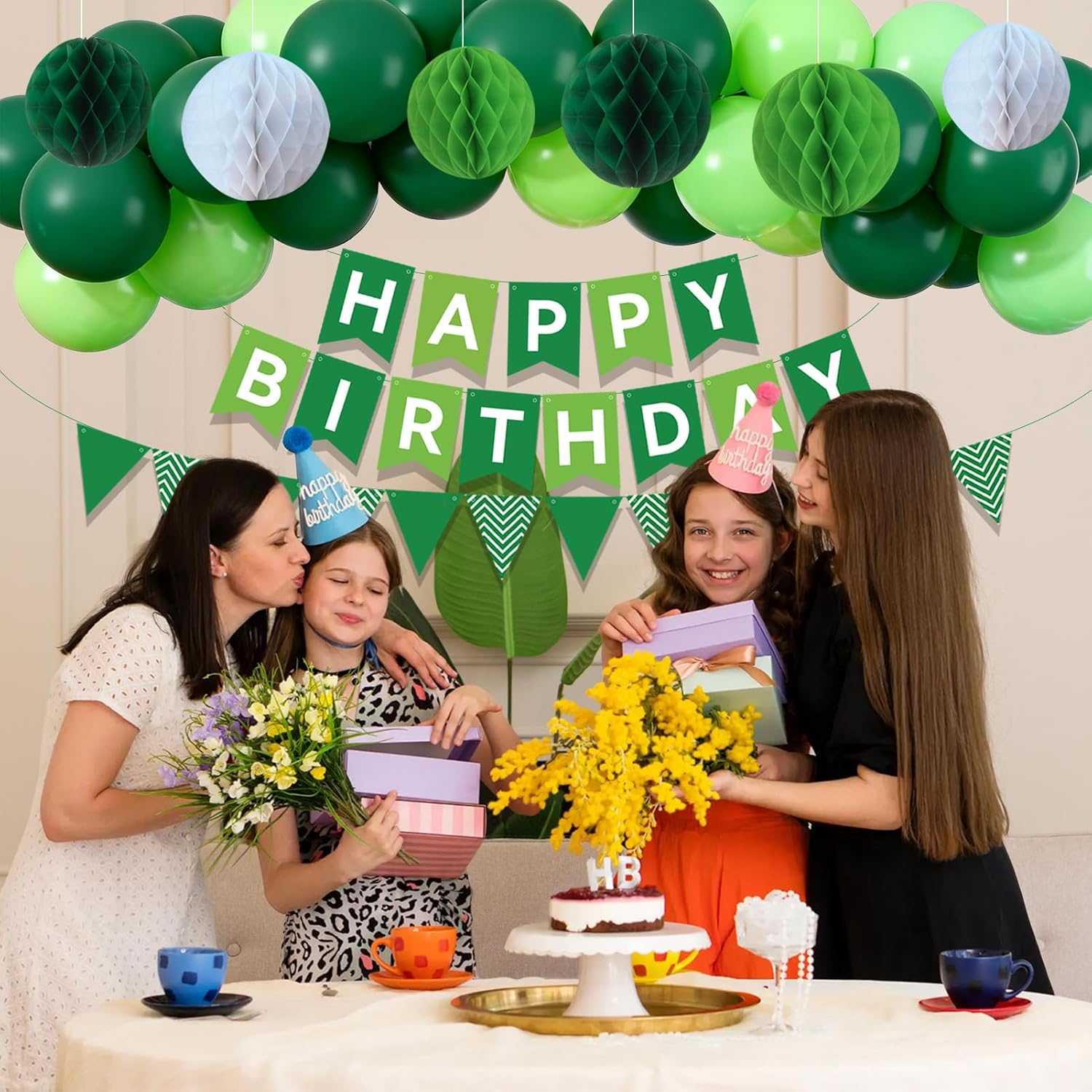Green Birthday Party Decoration Kit - 32 Pcs Includes Happy Birthday Banner, 2 Streamer Rolls, Honeycomb Balls & Balloons for Boys, Girls, Men & Women
