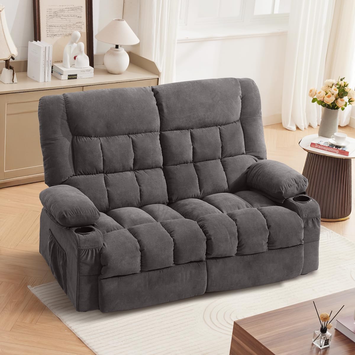 MAHOMICO 2-Person Manual Recliner Loveseat with Cup Holders and Side Pockets – Oversized Living Room Reclining Sofa