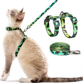 PetThem Escape Proof Cat Harness and Leash Set – Adjustable, Lightweight & Comfortable Walking Vest for Kittens & Cats – Green Cat Whispers Pattern