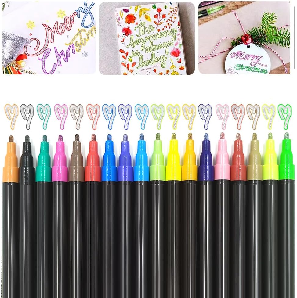 Dual-Line Outline Markers Set – 18 Color Metallic Glitter Pens for Scrapbooking, Greeting Cards & DIY Crafts