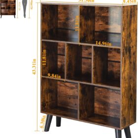 LEYAOYAO 3-Tier Mid-Century Modern Bookshelf, Rustic Brown Wood Cube Bookcase with Legs, Freestanding Open Storage Organizer Shelf for Living Room, Bedroom & Office