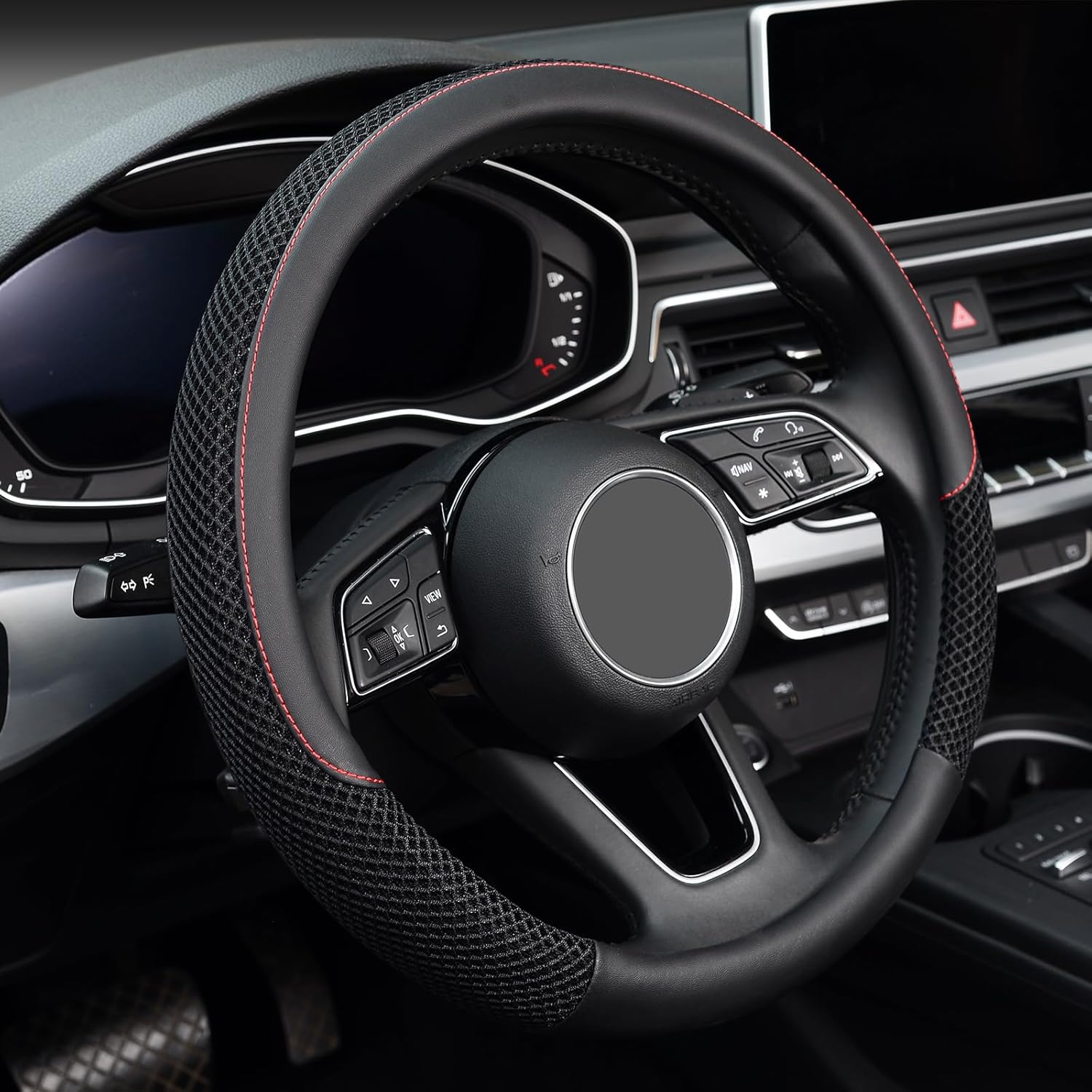 KAFEEK Premium Microfiber Leather Steering Wheel Cover – Universal 15 Inch Breathable, Anti-Slip Grip for All Seasons (Black)