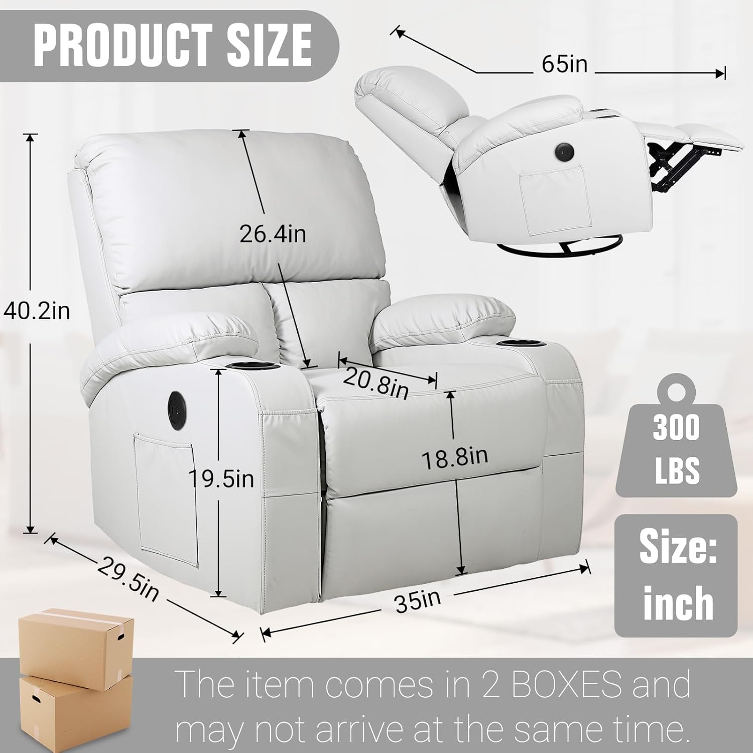 LEVELEVE Swivel Rocker Recliner with Heat & Massage - 360° Faux Leather Chair with USB & Type-C Ports, Light Grey