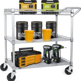 WDT Heavy-Duty 3-Tier Commercial Utility Cart – 990 lbs Capacity NSF Rolling Metal Service Cart with Adjustable Shelves & Liner – Ideal for Kitchen, Restaurant, & Warehouse Storage (Gray)