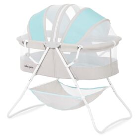 Dream On Me Karley Bassinet & Bedside Sleeper – Lightweight, Portable Travel Baby Bed with Adjustable Canopy & Storage (Blue & Grey)