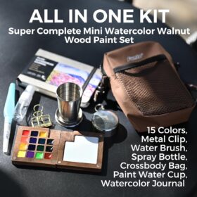 Funto Premium Walnut Wood Watercolor Paint Set – Portable 15-Color Travel Kit with Journal, Crossbody Bag & Water Brush