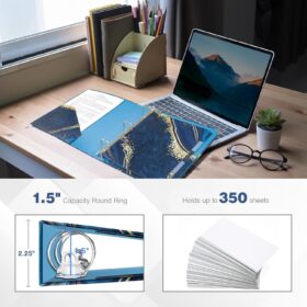 Ospelelf Blue Marble 1.5 Inch 3-Ring Binder – Letter Size Organizer with Low Profile Clipboard, 5 Tab Dividers, and Elastic Closure – Durable Eco-Friendly School & Office Folder