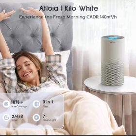 Afloia Kilo Grey Air Purifier – Large Room HEPA Filtration, Covers Up to 1076 Sq. Ft., Removes Pet Dander, Pollen, Smoke & Mold with Ambient Night Light