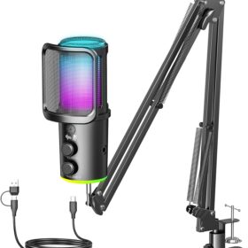 Gaming USB Microphone with Boom Arm, RGB Condenser PC Mic with Noise Cancellation, Mute Button & Pop Filter for Streaming, Podcasting, PS4/PS5 & Discord