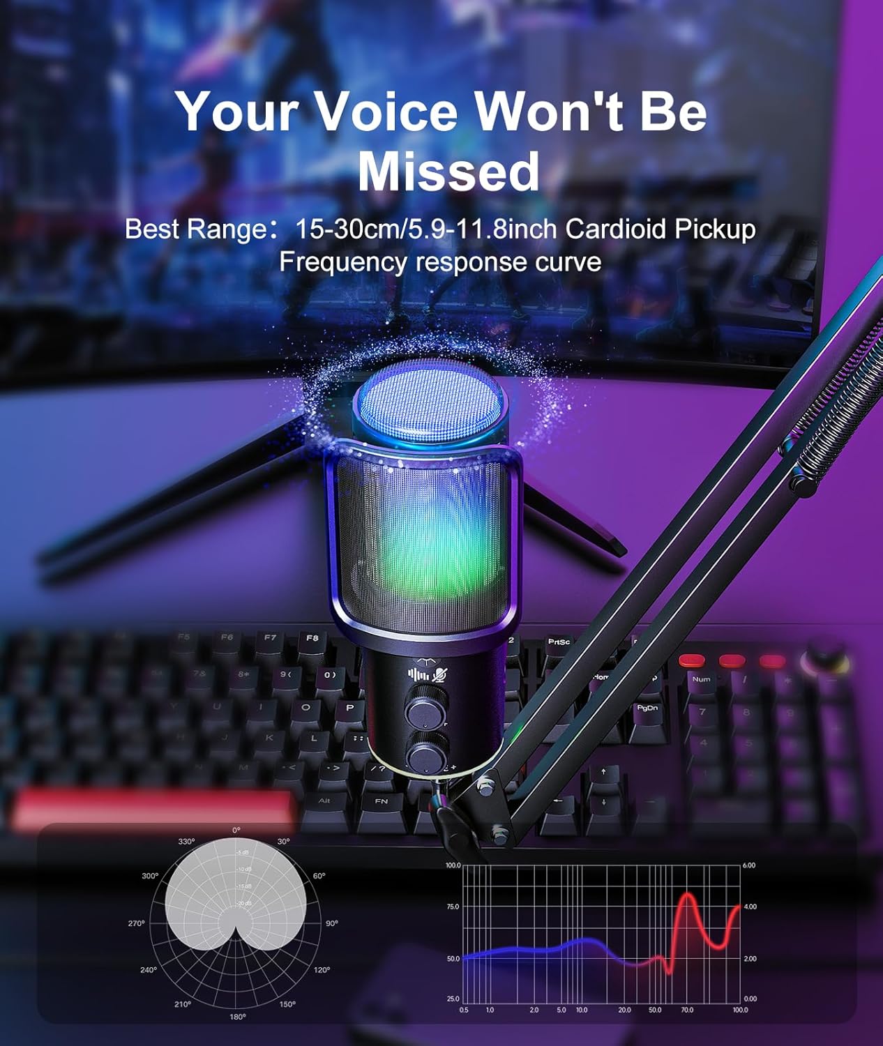 Gaming USB Microphone with Boom Arm, RGB Condenser PC Mic with Noise Cancellation, Mute Button & Pop Filter for Streaming, Podcasting, PS4/PS5 & Discord