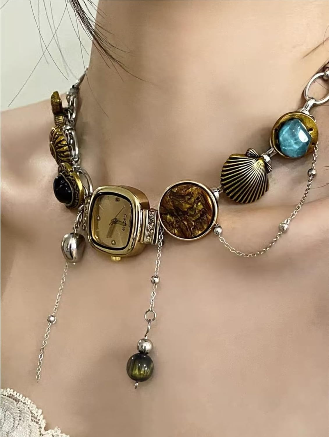 Vintage Timepiece Pendant Necklace with Seashell Charm & Gemstones | Gold-Tone & Silver-Tone Dual Chain Jewelry for Women