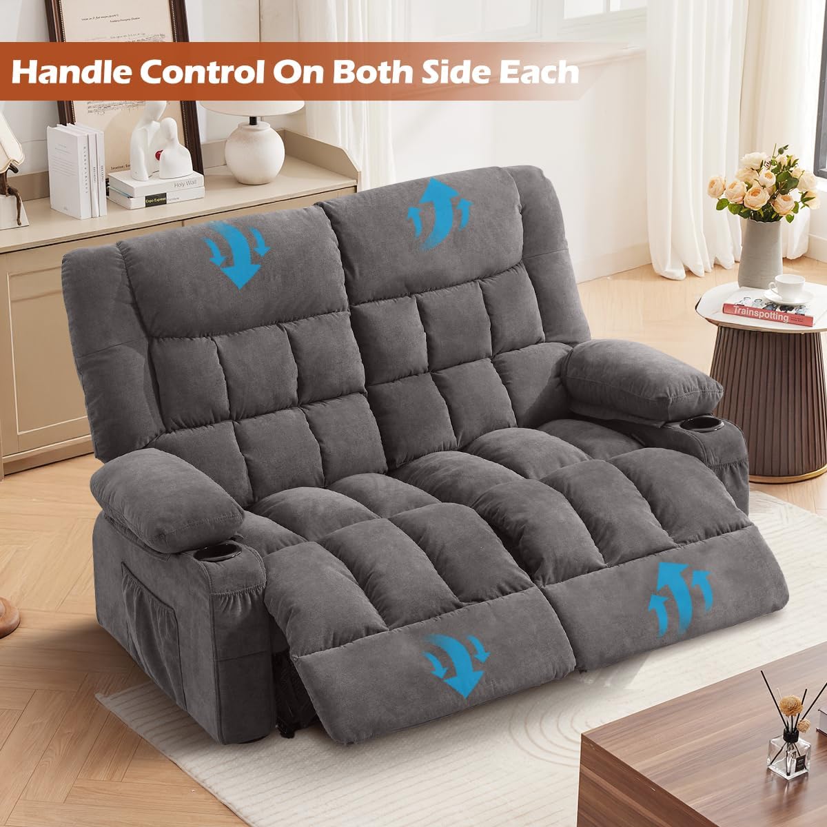 MAHOMICO 2-Person Manual Recliner Loveseat with Cup Holders and Side Pockets – Oversized Living Room Reclining Sofa