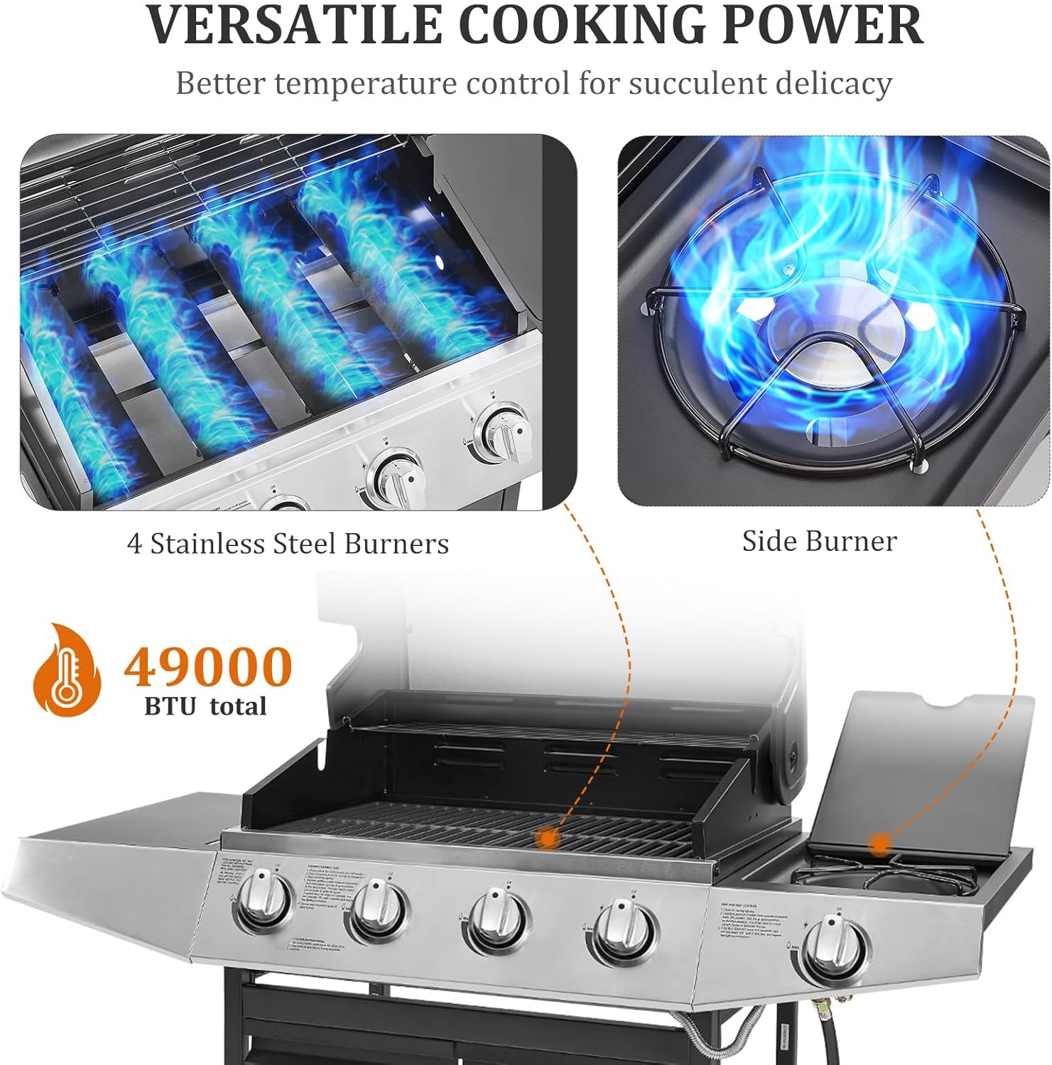 Unovivy 4-Burner Propane Gas Grill – 49,000 BTU BBQ with Side Burner, Porcelain Cast Iron Grates, and Lid Thermometer – Ideal for Patio and Outdoor Cooking