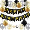 Black & Gold Happy Birthday Banner Decorations Set - 16 Pc 12" Latex Balloons, Metallic Gold & Silver Confetti, Party Supplies for Men Women Adults