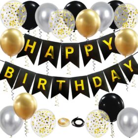 Black & Gold Happy Birthday Banner Decorations Set - 16 Pc 12" Latex Balloons, Metallic Gold & Silver Confetti, Party Supplies for Men Women Adults