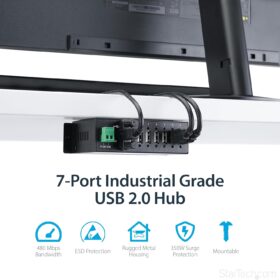 StarTech.com 7-Port Industrial USB 2.0 Hub - Metal DIN Rail Mountable USB Splitter with 350W Surge, ESD Protection & Locking Cable (ST7200USBM)