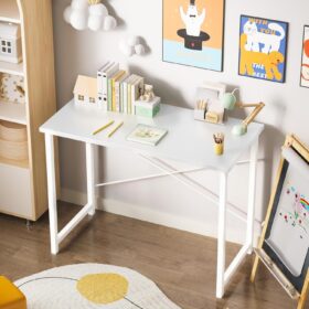 Sweetcrispy 32-Inch Small Computer Desk – Compact Study Table with Sturdy Metal Frame, Scratch-Resistant Wood Top for Home Office & Bedroom (White Wood)