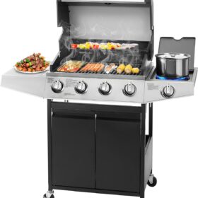 Unovivy 4-Burner Propane Gas Grill – 49,000 BTU BBQ with Side Burner, Porcelain Cast Iron Grates, and Lid Thermometer – Ideal for Patio and Outdoor Cooking