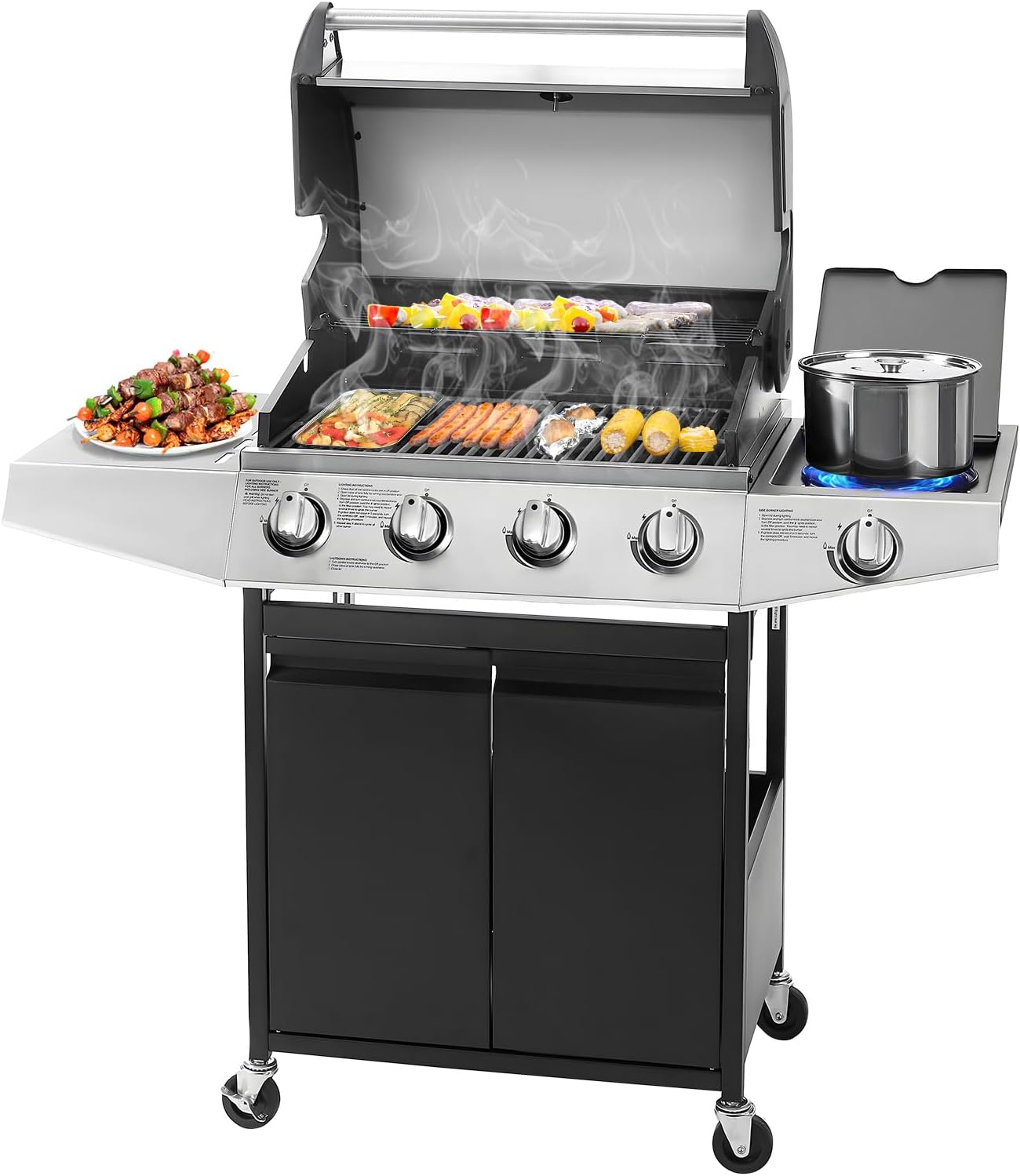 Unovivy 4-Burner Propane Gas Grill – 49,000 BTU BBQ with Side Burner, Porcelain Cast Iron Grates, and Lid Thermometer – Ideal for Patio and Outdoor Cooking