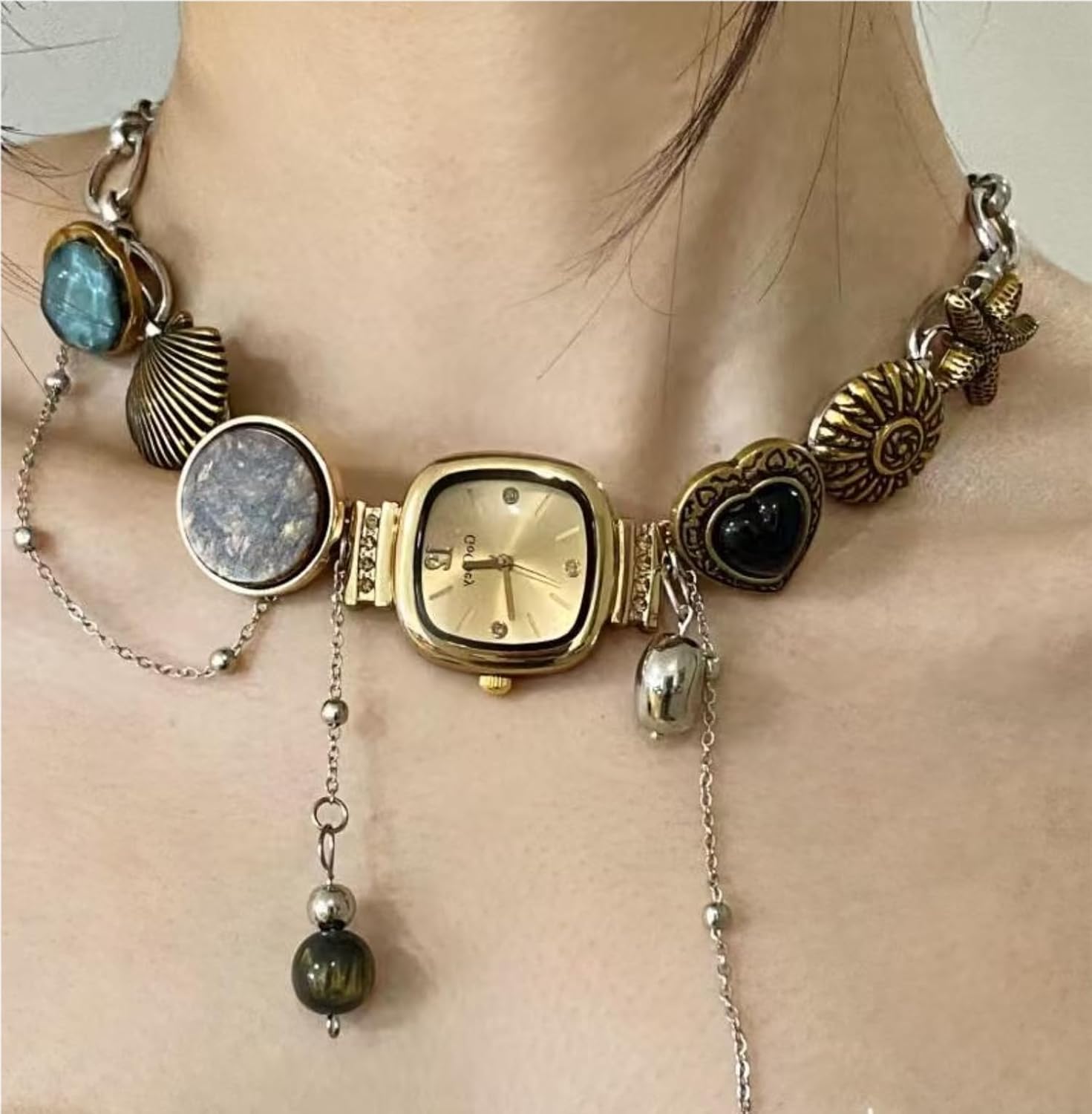 Vintage Timepiece Pendant Necklace with Seashell Charm & Gemstones | Gold-Tone & Silver-Tone Dual Chain Jewelry for Women