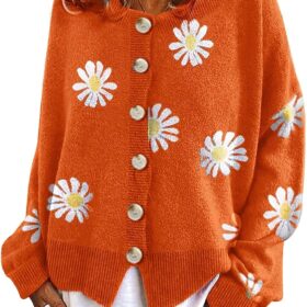 Women's Daisy Cropped Cardigan - Ribbed Knit Button Down Floral Jacquard Sweater