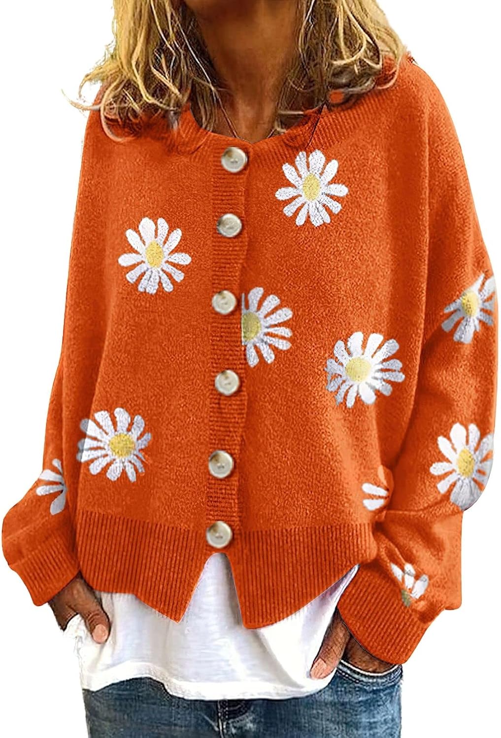 Women's Daisy Cropped Cardigan - Ribbed Knit Button Down Floral Jacquard Sweater