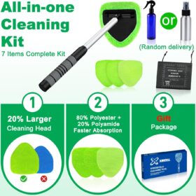 XINDELL Extendable Windshield Cleaner Tool – 180° Pivoting Head with 4 Microfiber Pads & Spray Bottle – Car Interior Window Cleaning Kit for Auto Glass & Home