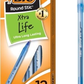 BIC Round Stic Xtra Life Ballpoint Pens, Medium Point (1.0mm), Blue Ink, 12-Count Pack - Reliable, Long-Lasting Office & School Writing Supplies