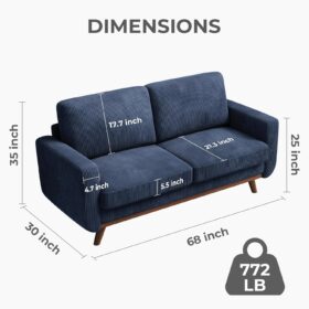 Vesgantti 68" Dark Blue Corduroy Loveseat with Spring Cushion – Modern Deep Seat Sofa with Solid Wood Frame for Living Room & Bedroom