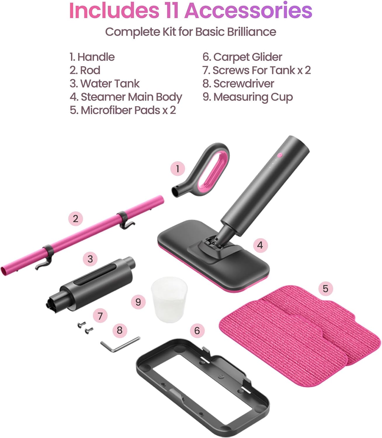 Schenley Pink Steam Mop - 15s Heat Up, Lightweight Hardwood & Tile Floor Steamer with Washable Pads, Carpet Glider, 248°F Sanitizing