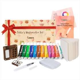 Tobios Mini Wooden Watercolor Paint Set – Portable Travel Art Kit with 12 Colors, Refillable Brush, Sketchbook & Mixing Palette – Unique Creative Gift