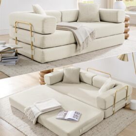 HANXIN 78-Inch Convertible Sleeper Sofa Bed – Folding Corduroy Futon Couch with Fixed-Shape Frame, No Assembly Required (Beige)