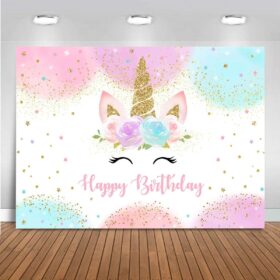 Mocsicka Unicorn Backdrop for Girls Birthday Party Decorations - 5x3ft Pastel Rainbow Photography Banner with Glitter Stars & Dots