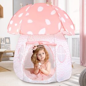 CRAWLBO Kids Mushroom Play Tent – Pop Up Indoor & Outdoor Playhouse with Mesh Windows & Exquisite Gift Box (Pink, Large)