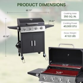 HUGROVE 4-Burner Propane Gas Grill – 40,000 BTU Stainless Steel BBQ with Foldable Side Shelves, Precision Thermometer, and Easy-Clean Grease Tray