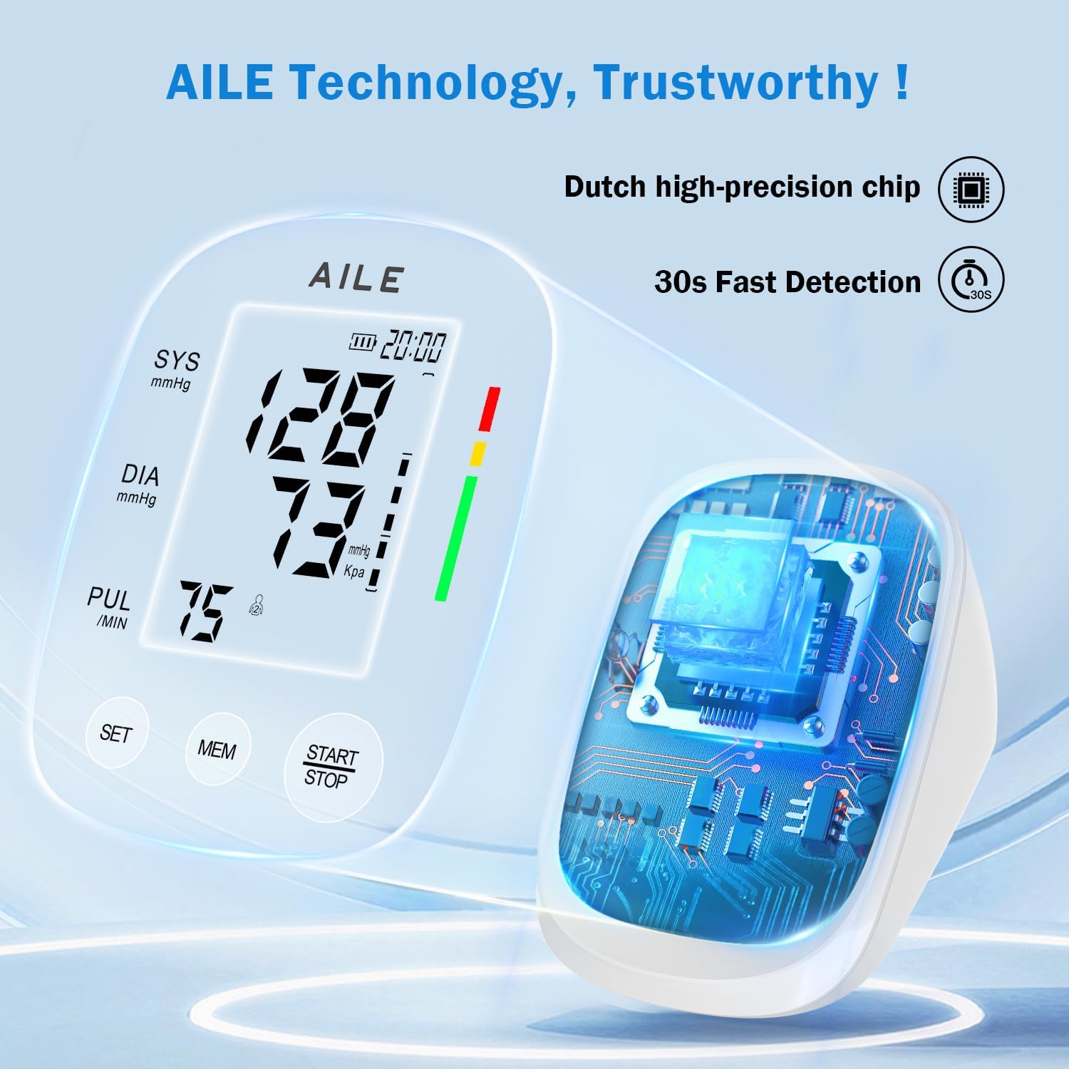 AILE Fully Automatic Upper Arm Blood Pressure Monitor with Large Adjustable Cuff (8.7"-16.5") - Dual User Memory & High Precision LCD Screen for Home Use