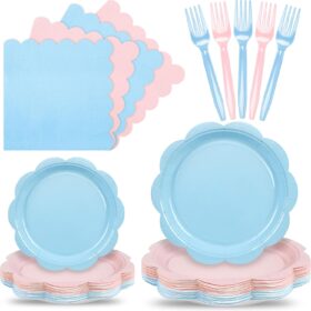 96-Piece Baby Gender Reveal Party Supplies Set – Pink & Blue Scalloped Plates, Napkins & Forks for 24 Guests
