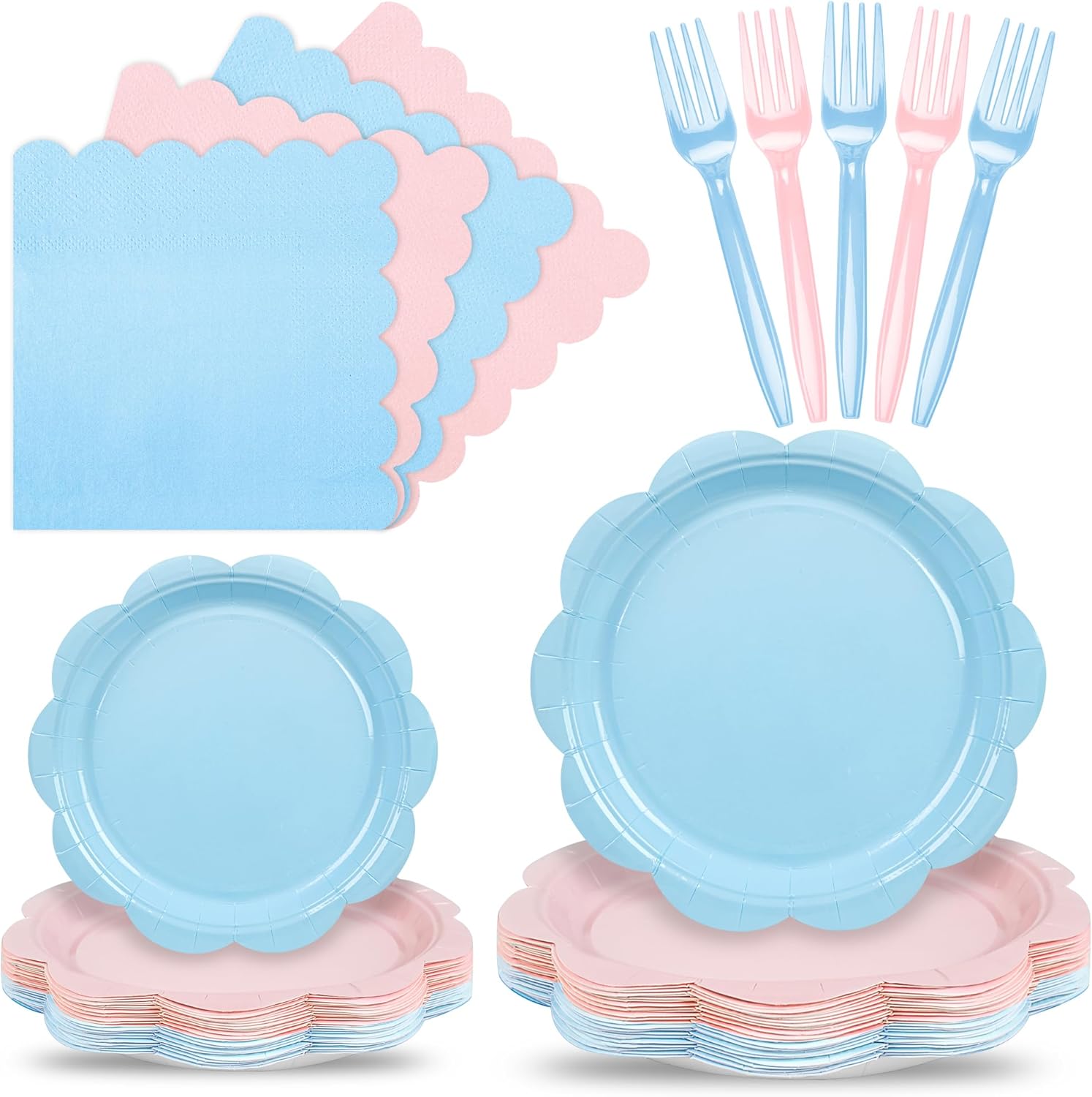 96-Piece Baby Gender Reveal Party Supplies Set – Pink & Blue Scalloped Plates, Napkins & Forks for 24 Guests