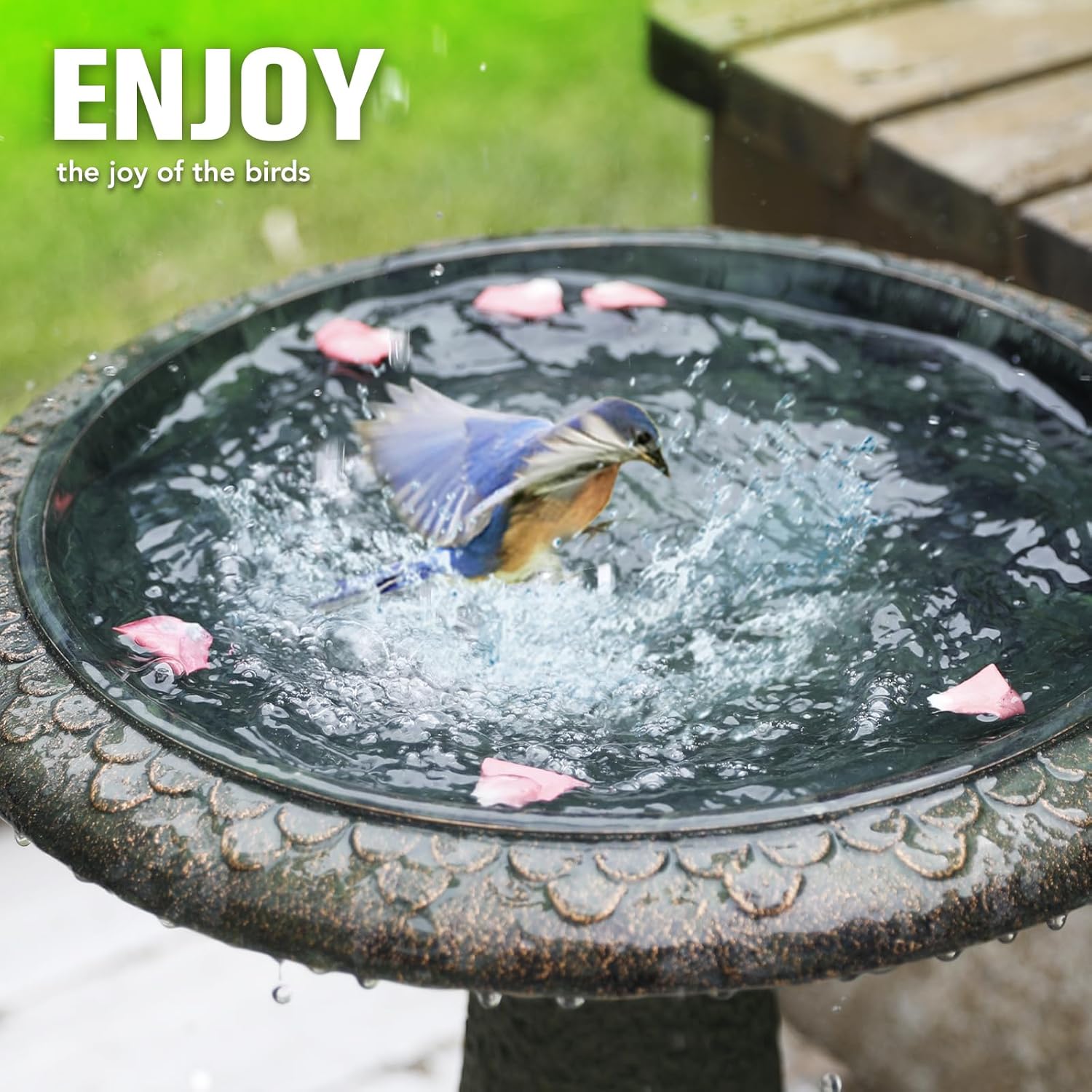 Solution4Patio Fiberclay Bird Bath - 18-Inch Weather-Resistant Garden Decor, Lightweight Stone-Look Birdbath with Non-Slip Basin for Outdoors, Easy Assembly Pedestal Bath for Lawn & Yard