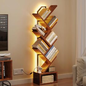Casaottima 6-Tier Tree Bookshelf with LED Lights — Narrow Floor Standing Bookcase with Cabinet, Vintage Wood & Steel Storage Rack for Living Room, Bedroom & Office