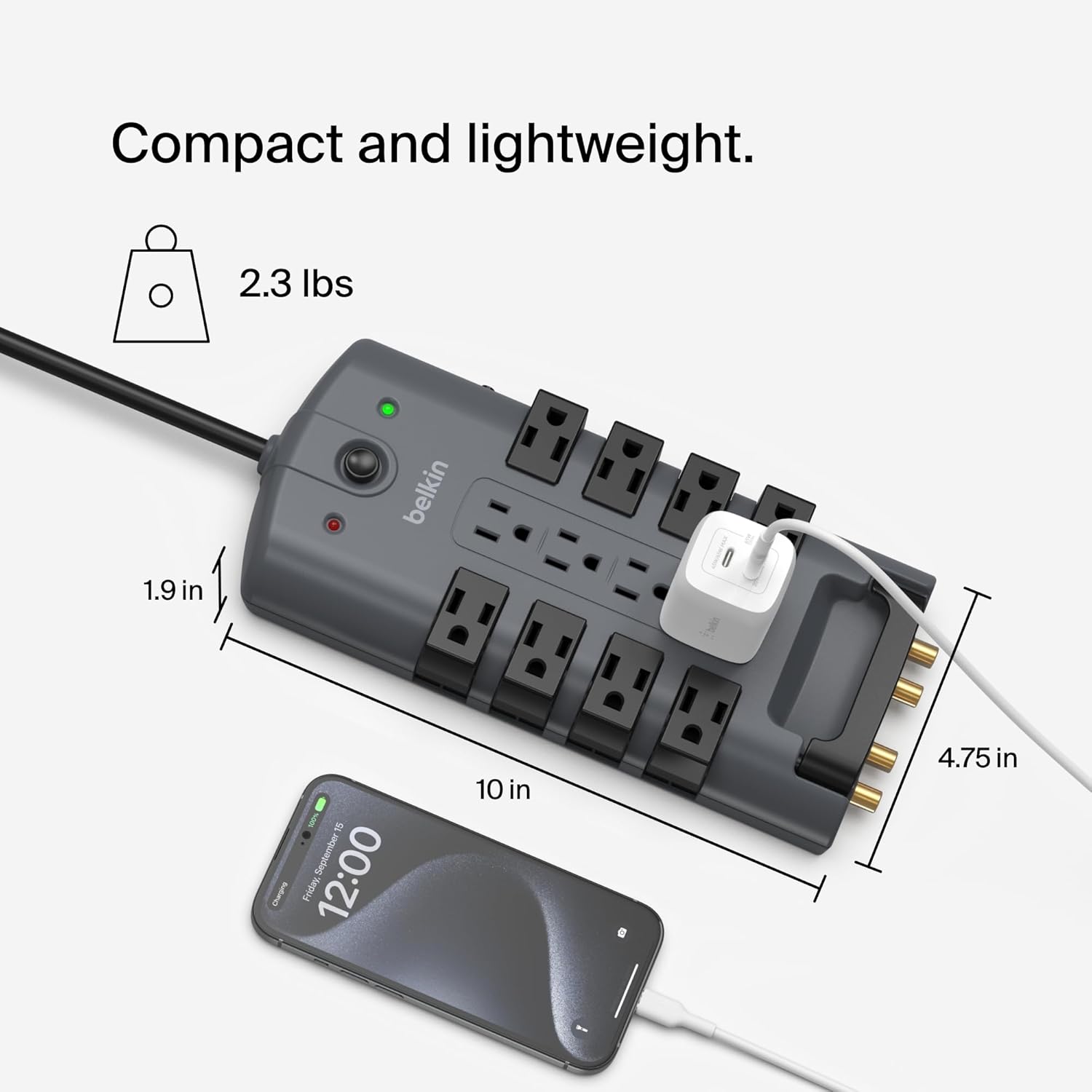 Belkin 12-Outlet Pivot Surge Protector Power Strip – 4320 Joule, 8ft Flat Plug & Rotating Sockets for Home & Office