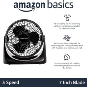 Amazon Basics 11-Inch Portable Air Circulator Fan – 3-Speed Electric Fan for Bedroom, Home & Office Desk with 90° Tilt Head, 35W (Black)