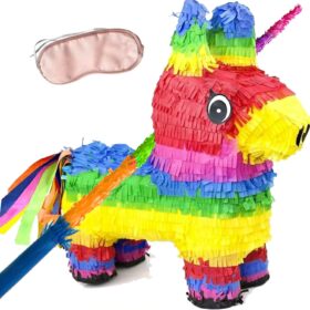 GIFTEXPRESS Rainbow Donkey Piñata Kit - 16 Inch Mexican Party Decoration with 33-inch Stick & Blindfold - Fiesta Favor for Birthdays & Cinco de Mayo