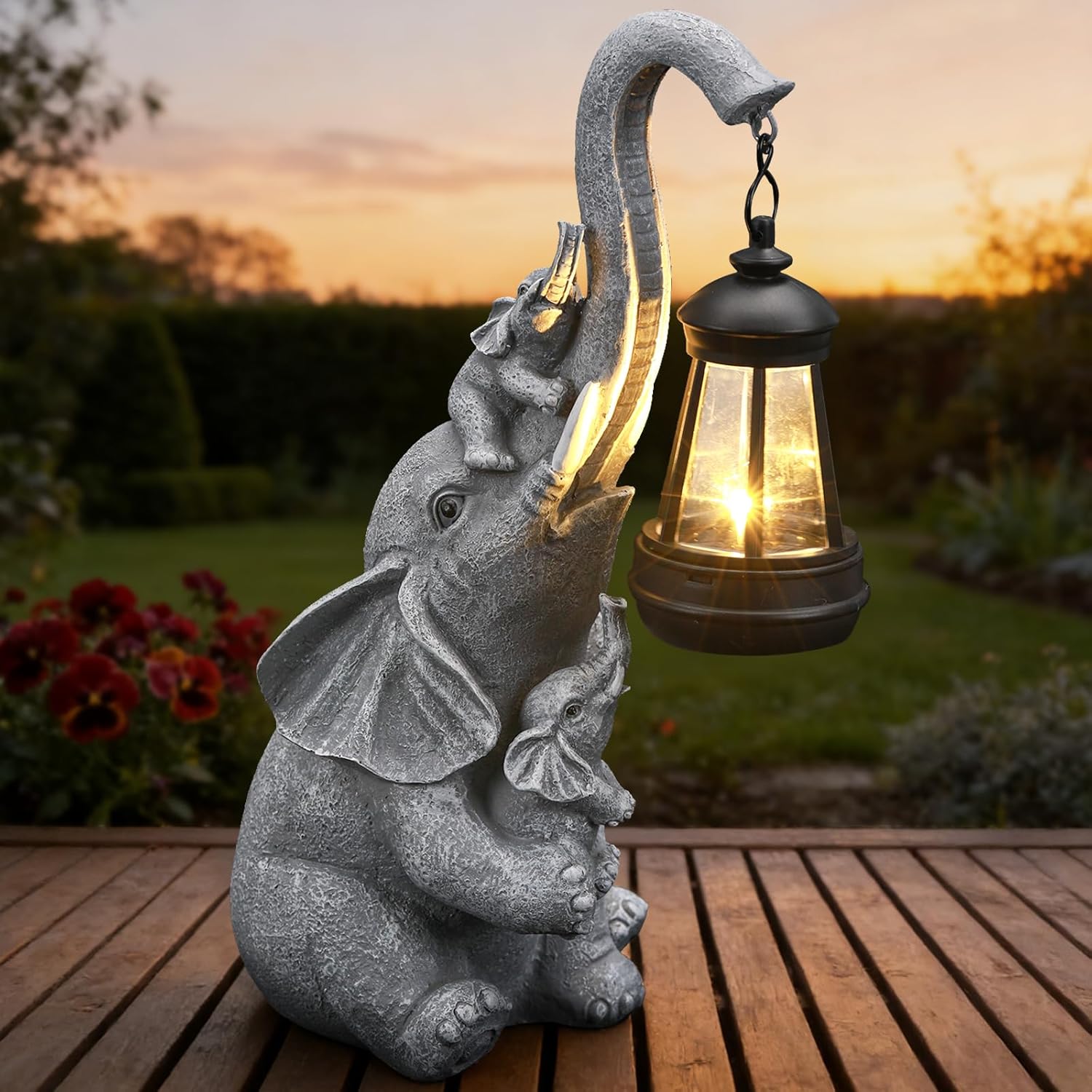 Solar Elephant Garden Statue - Family of 3 Resin Figurine with Warm LED Lantern, Waterproof Outdoor Yard Decor & Gift for Mom Gardeners