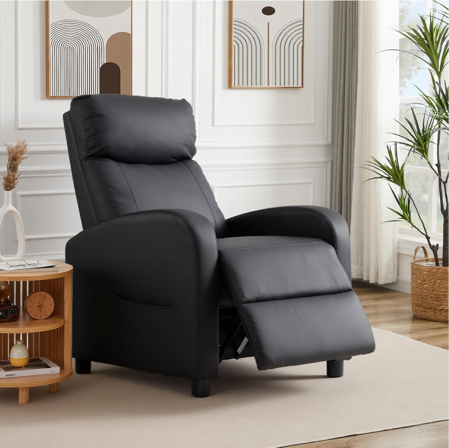 Sweetcrispy PU Leather Recliner Chair – Overstuffed Push-Back Living Room Sofa with Adjustable Footrest and Lumbar Support, 300 lb Capacity (Black)